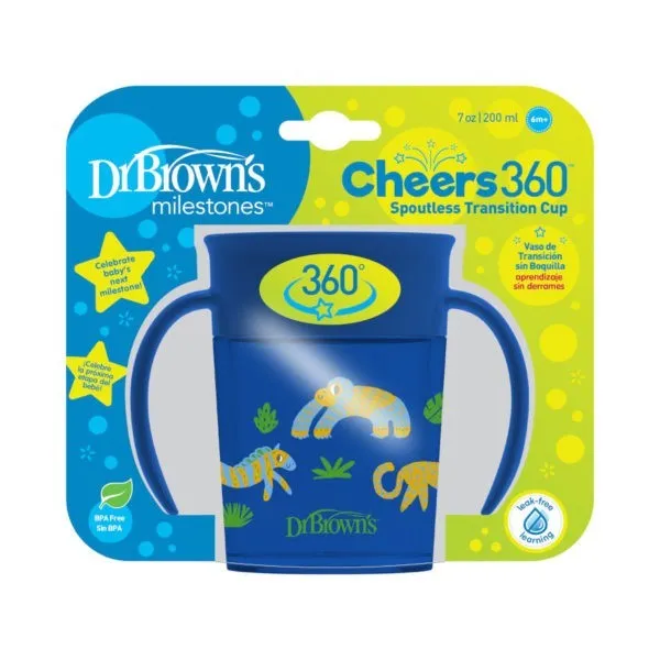 [Bundle Of 2] Dr Brown's Smooth Wall Cheers 360 Cup w/ Handles, 7 oz/200 ml, Blue Deco (6m ), 1-Pack