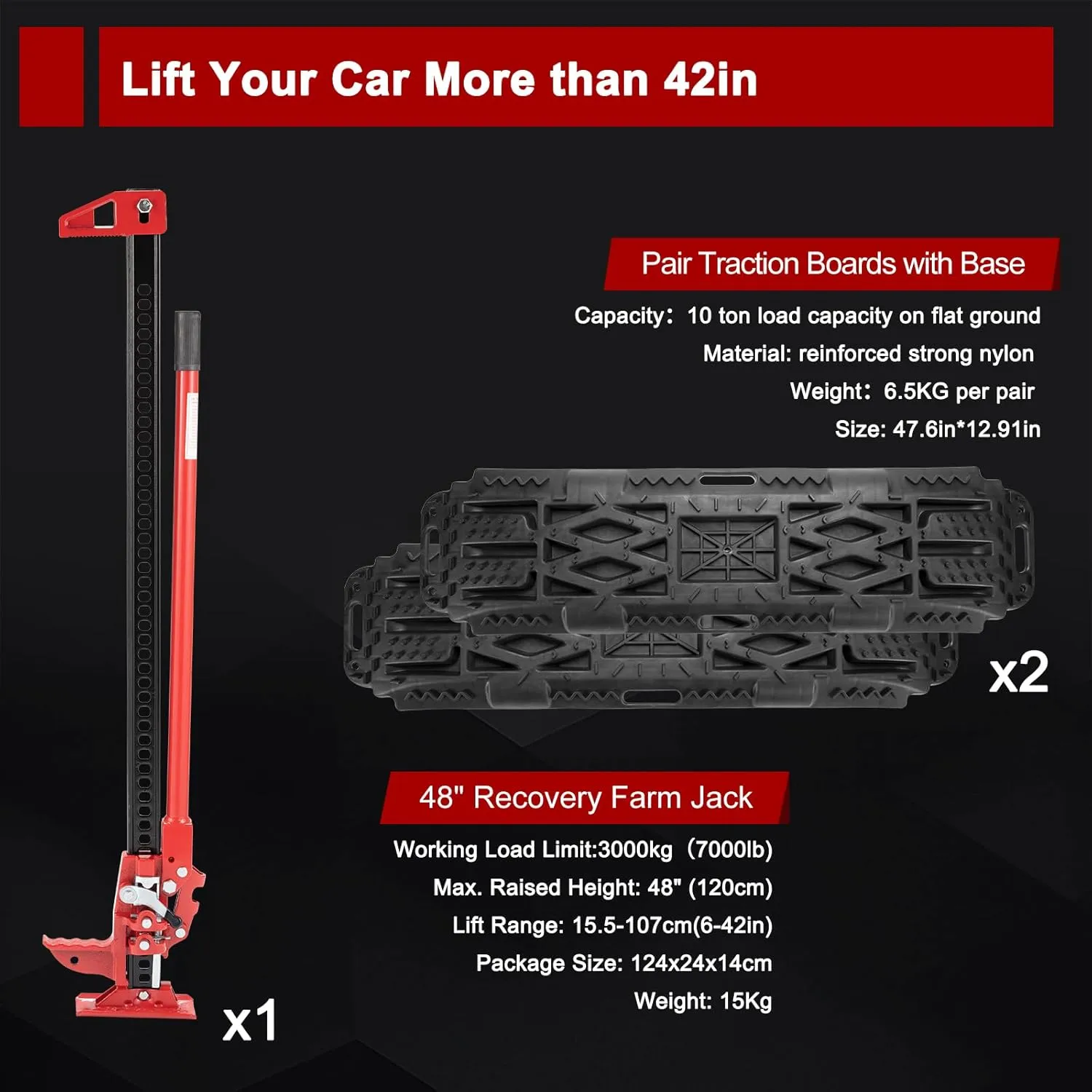 BUNKER INDUST 48" Offroad High Lift Farm Jack with Traction Boards - Sand Mud Snow Track Mat Recovery Kit for Car Truck Jeep ATV SUV UTV