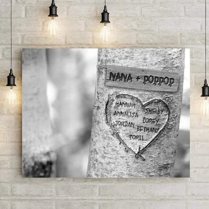 Carved Heart Tree Canvas Wall Art - Personalized Mother's Day Gift for Mom