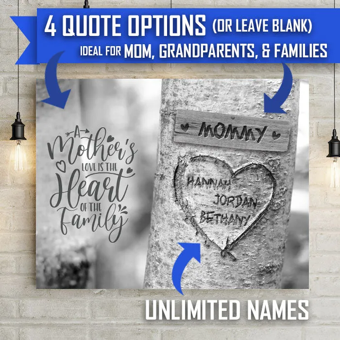 Carved Heart Tree Canvas Wall Art - Personalized Mother's Day Gift for Mom