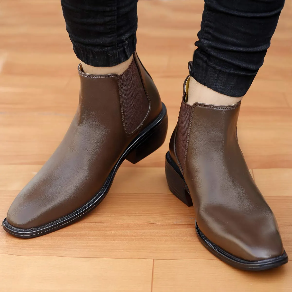 Classy Hight Ankle Height Increasing Brown Chelsea Boots For Men-JonasParamount