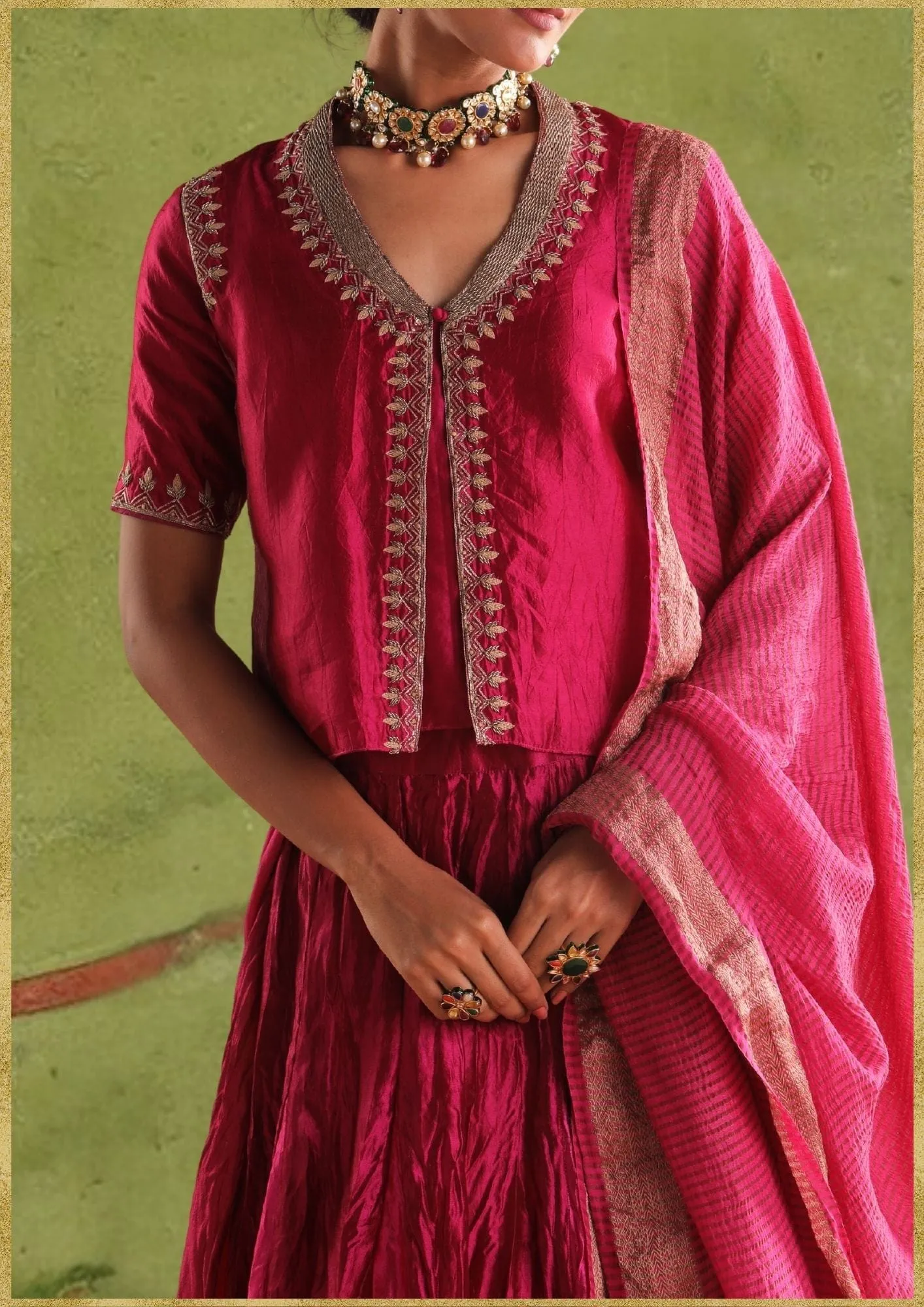 Double Layer Choli With Zardozi And Multi Color Silk Skirt