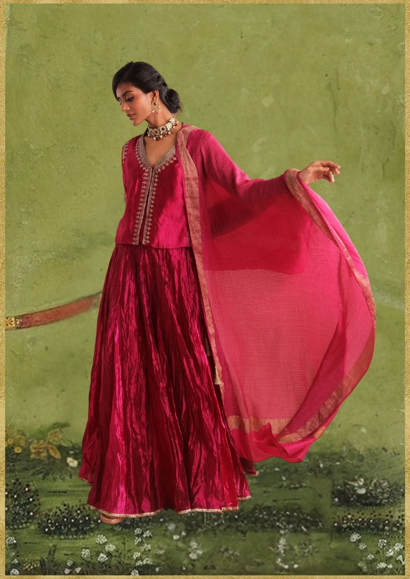Double Layer Choli With Zardozi And Multi Color Silk Skirt