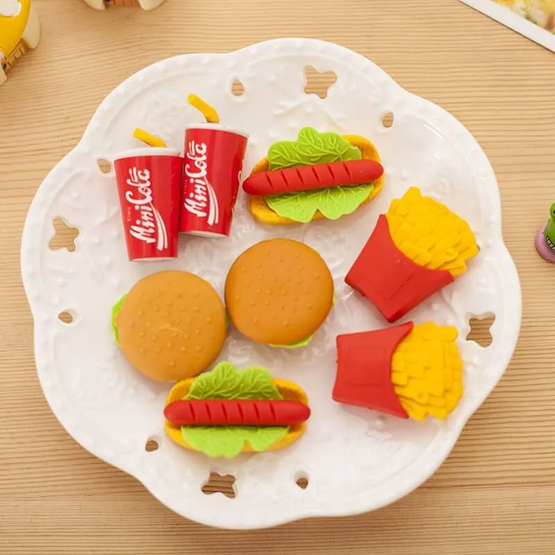 Durable Novelty Burger, Fries, Coke, Hot Dog Erasers - 4 Pack
