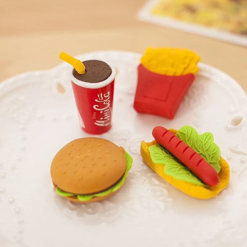 Durable Novelty Burger, Fries, Coke, Hot Dog Erasers - 4 Pack