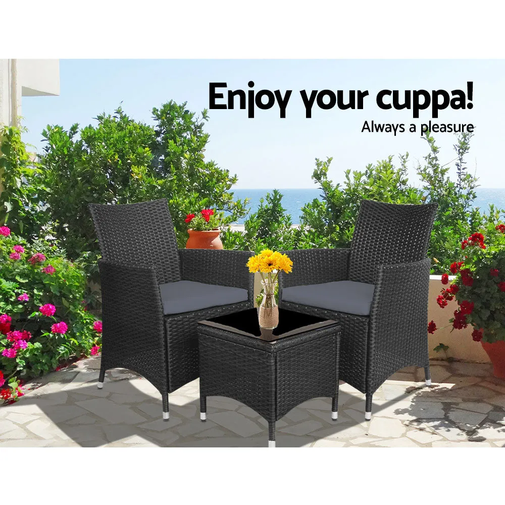 Elena - 3PC Outdoor Bistro Set Patio Wicker Chairs Black