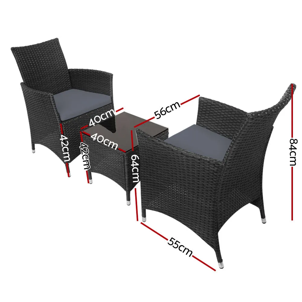 Elena - 3PC Outdoor Bistro Set Patio Wicker Chairs Black