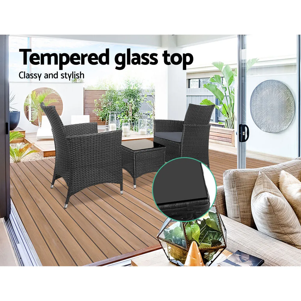 Elena - 3PC Outdoor Bistro Set Patio Wicker Chairs Black