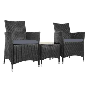 Elena - 3PC Outdoor Bistro Set Patio Wicker Chairs Black
