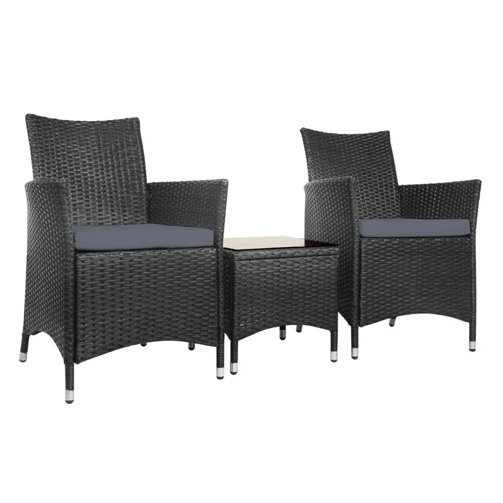 Elena - 3PC Outdoor Bistro Set Patio Wicker Chairs Black