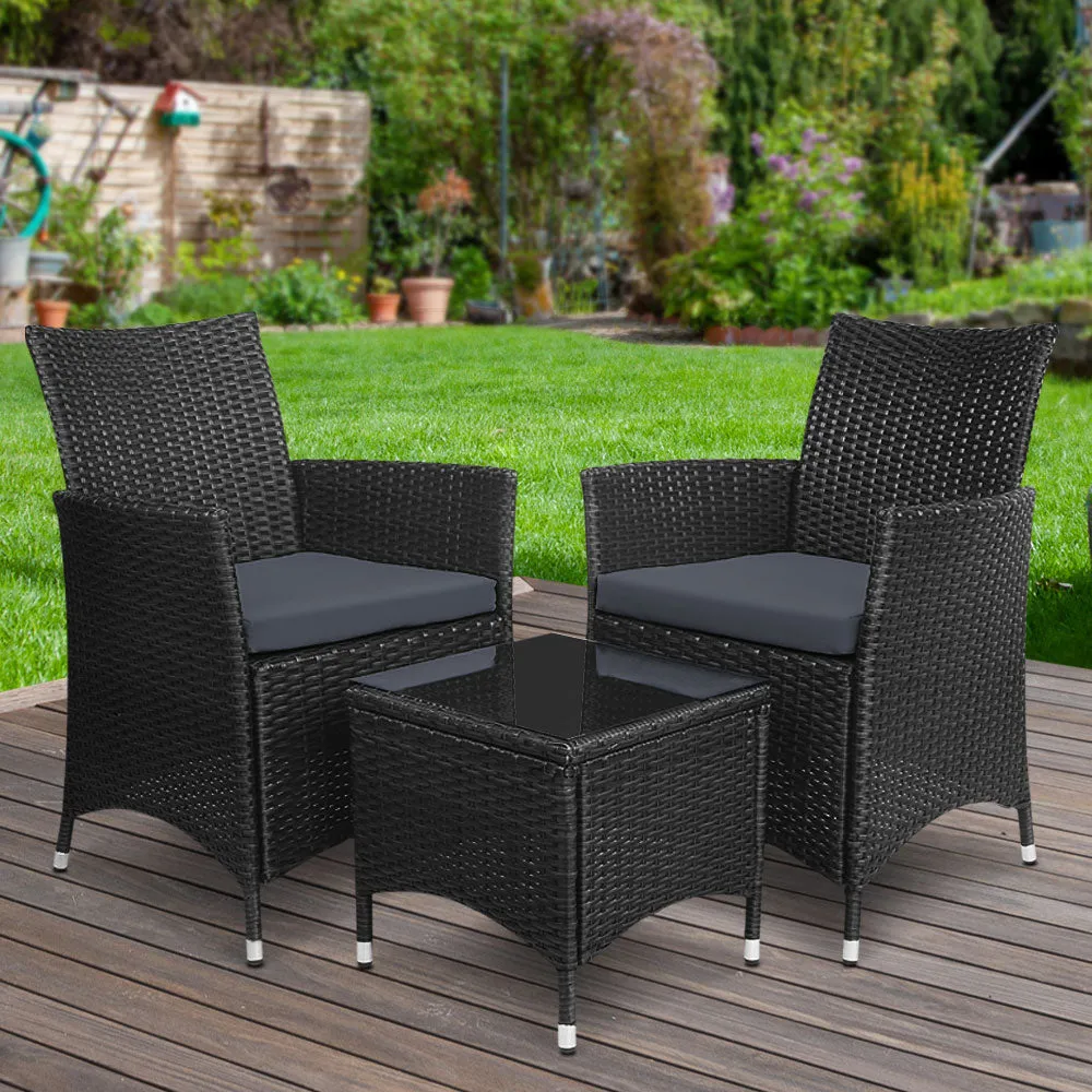 Elena - 3PC Outdoor Bistro Set Patio Wicker Chairs Black