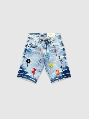 EVO-22968K-Kid's Drippy Logo Denim Shorts
