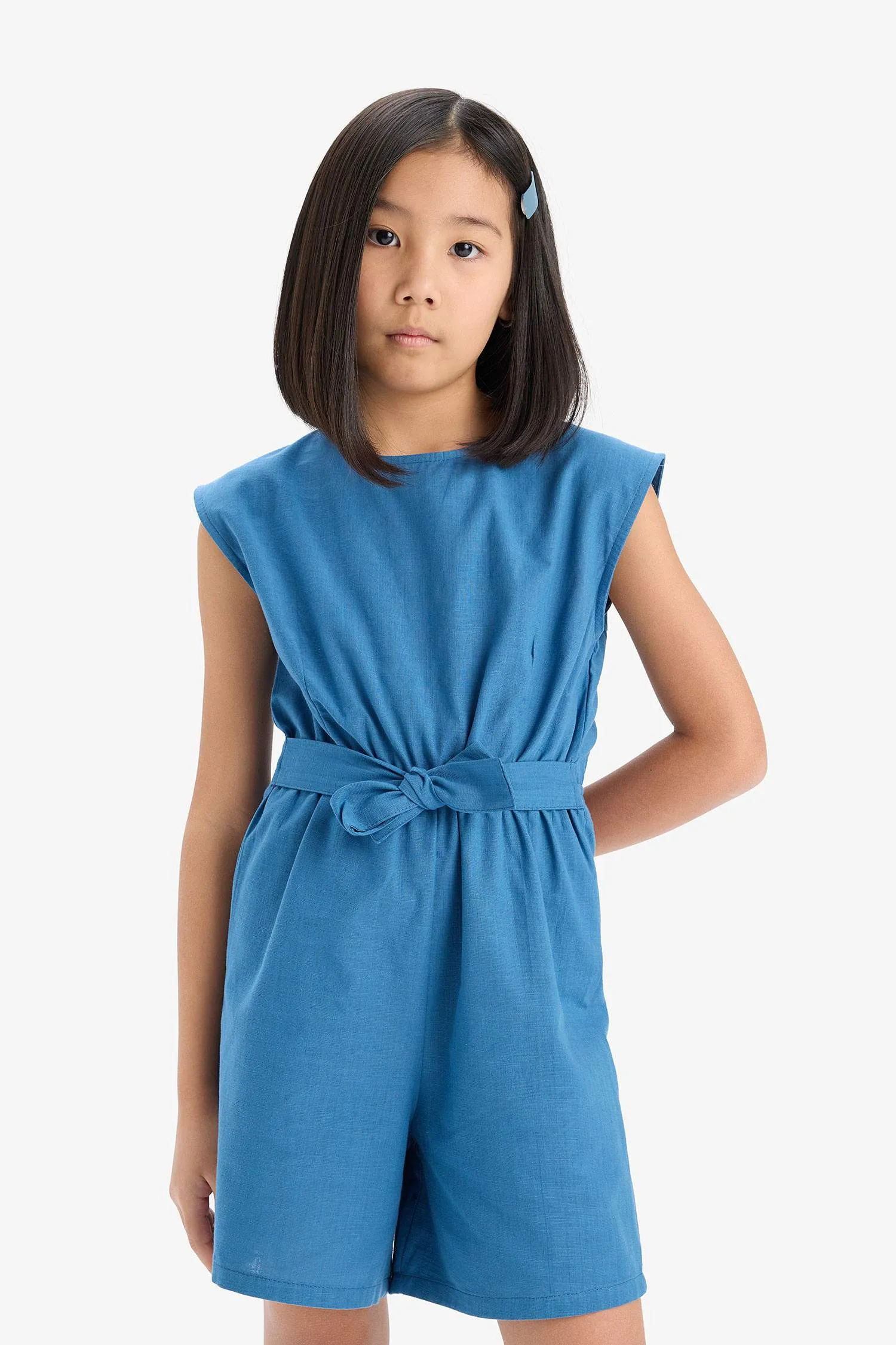 Girl Tied Cotton Sleeveless Short Jumpsuit