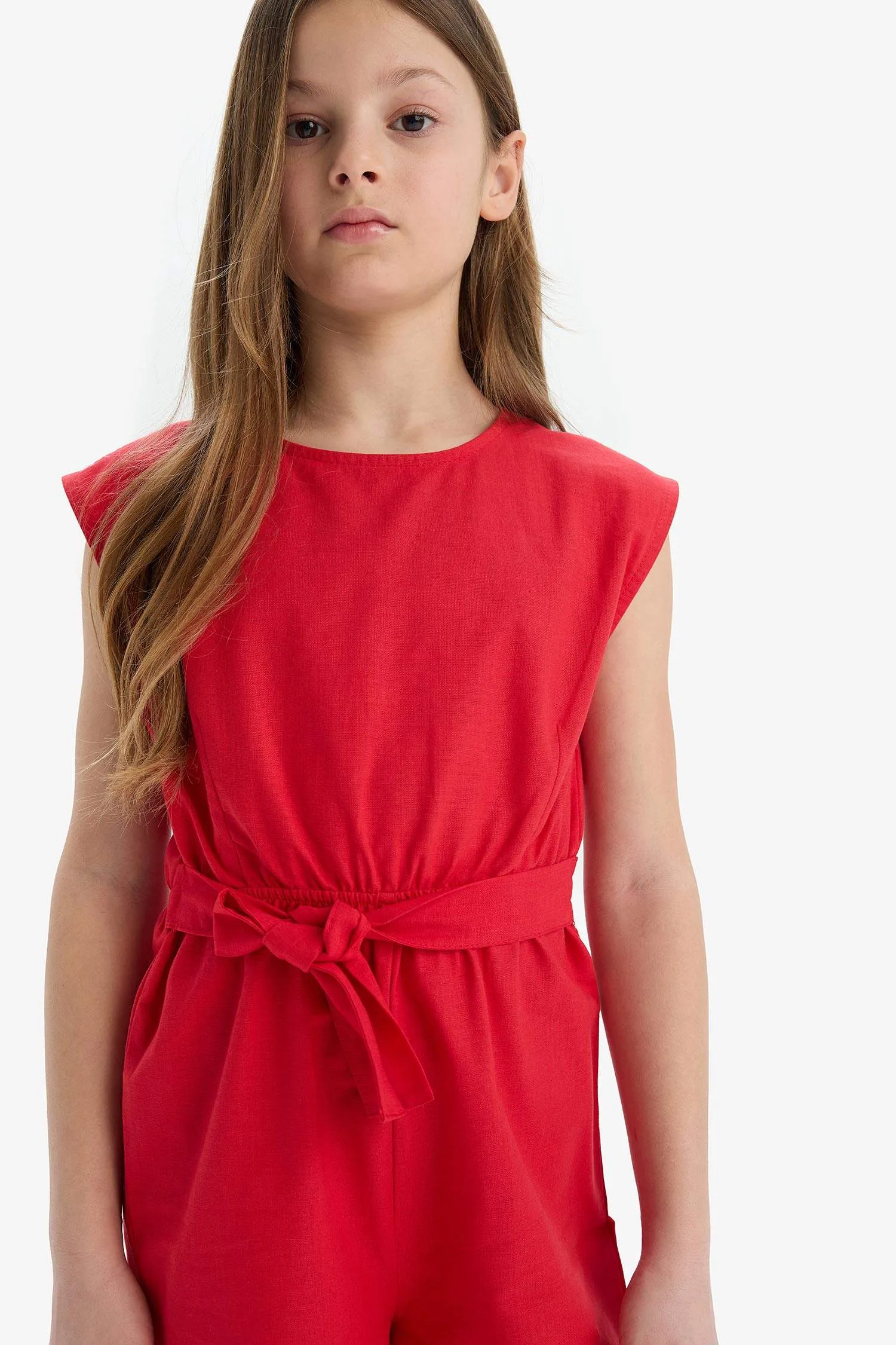 Girl Tied Cotton Sleeveless Short Jumpsuit