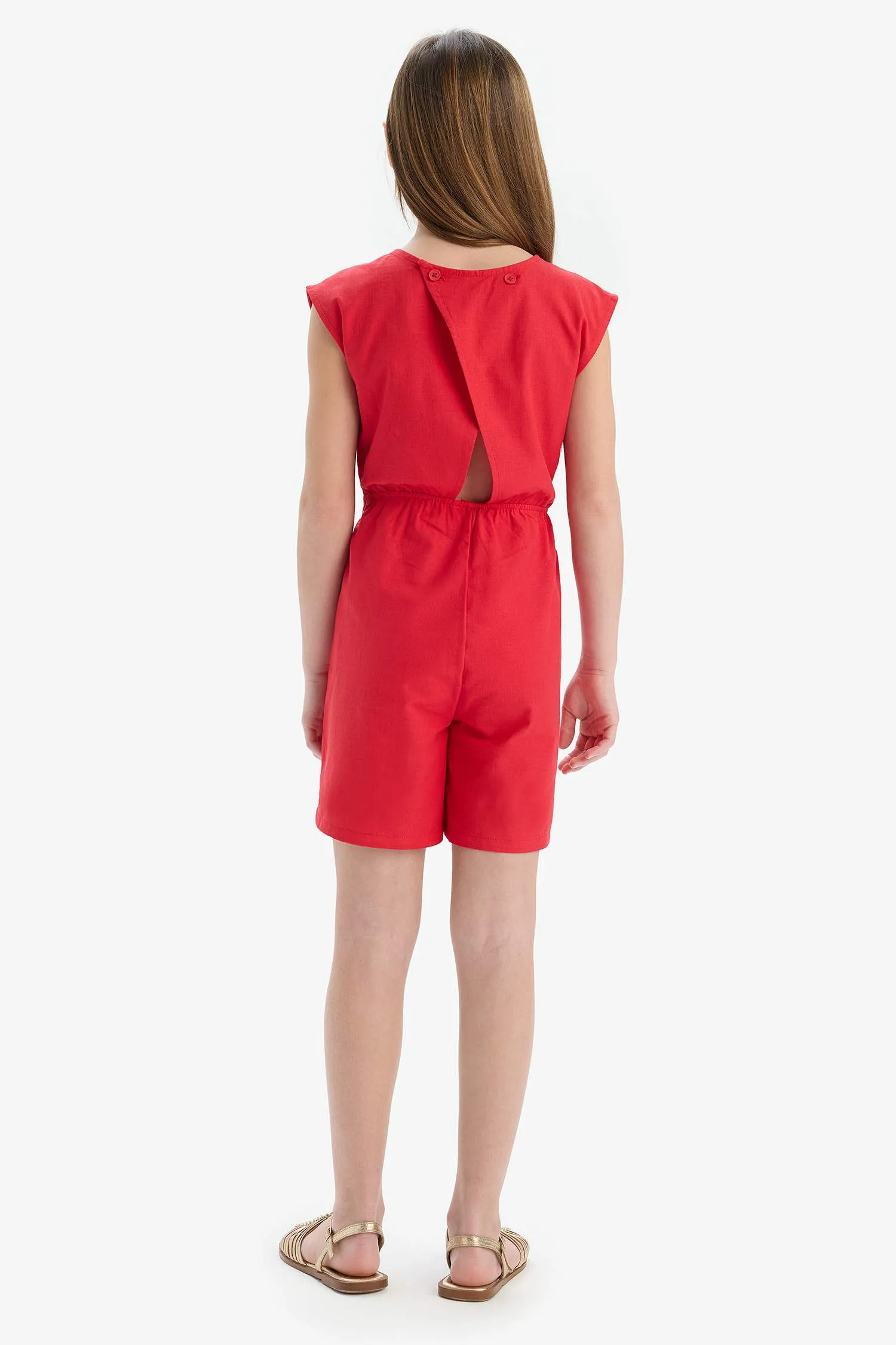 Girl Tied Cotton Sleeveless Short Jumpsuit