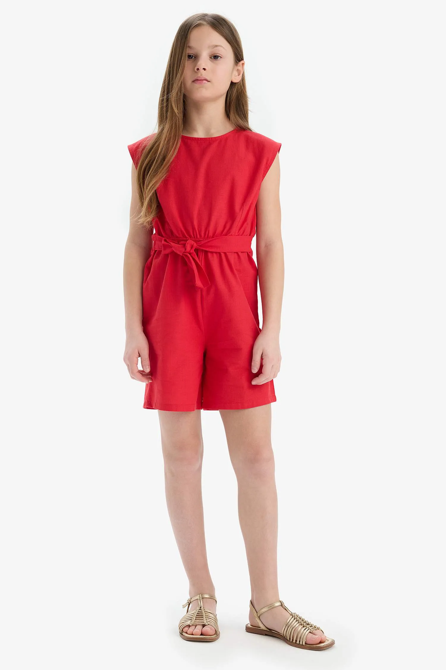 Girl Tied Cotton Sleeveless Short Jumpsuit