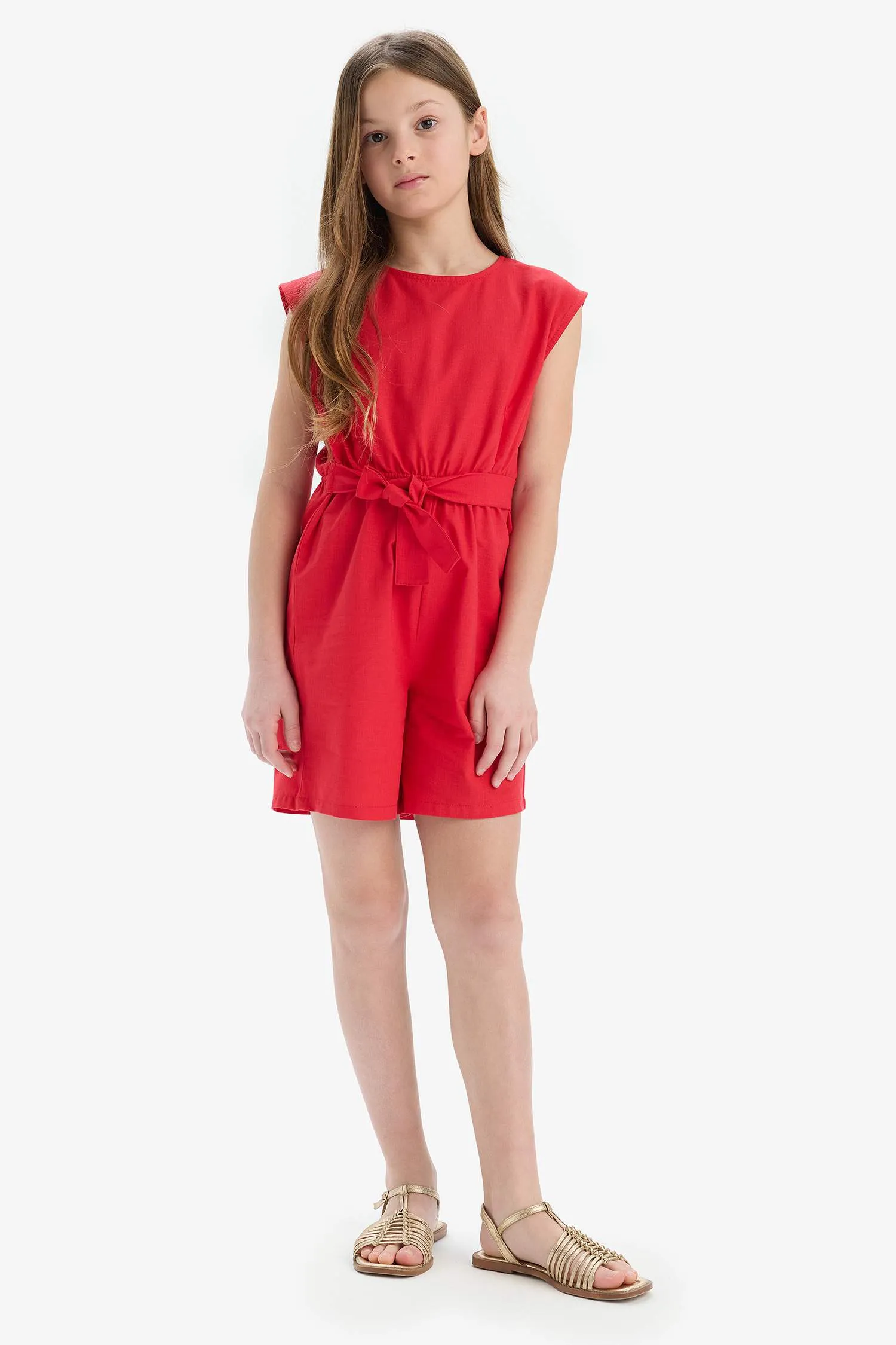 Girl Tied Cotton Sleeveless Short Jumpsuit