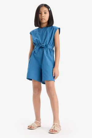 Girl Tied Cotton Sleeveless Short Jumpsuit