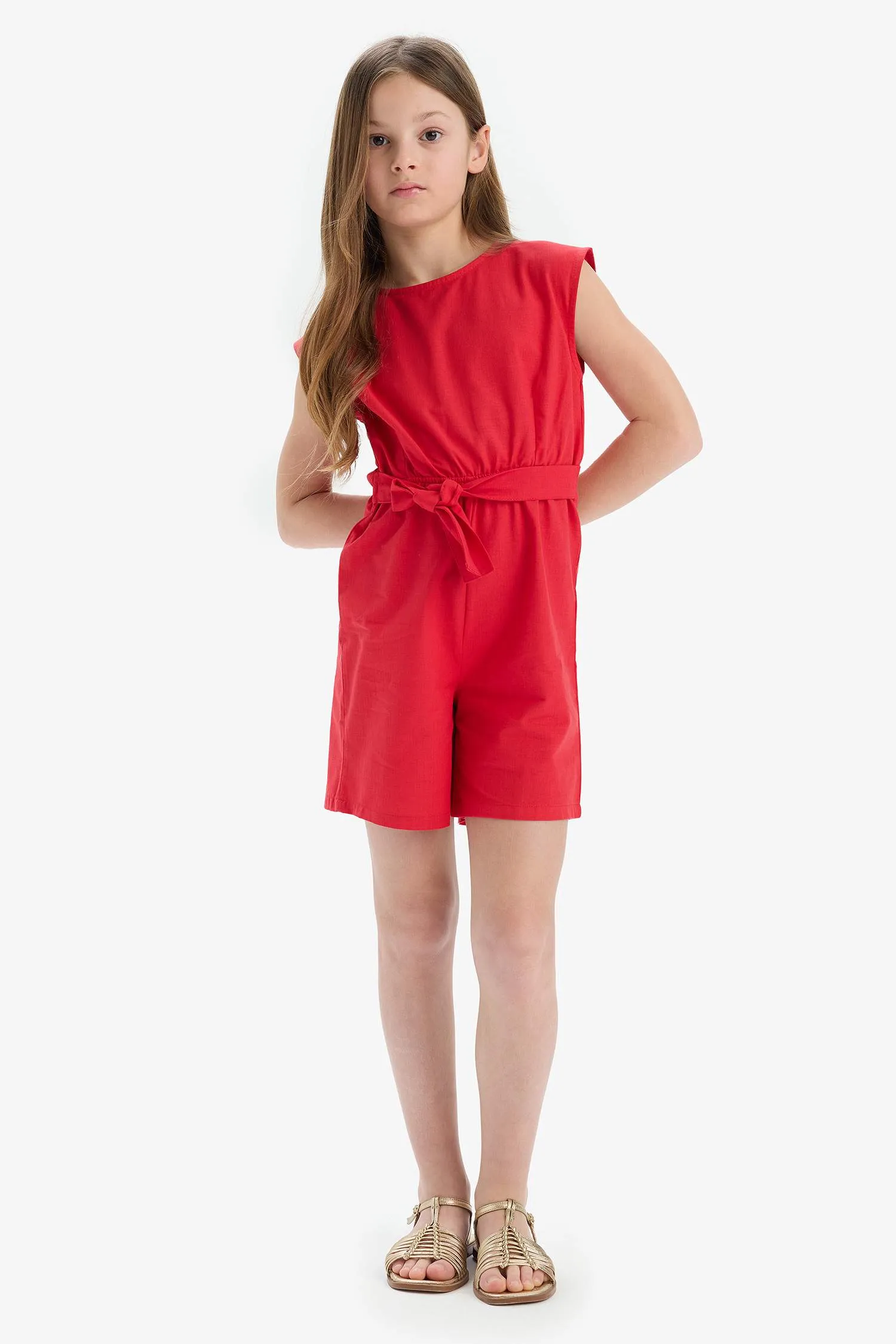Girl Tied Cotton Sleeveless Short Jumpsuit