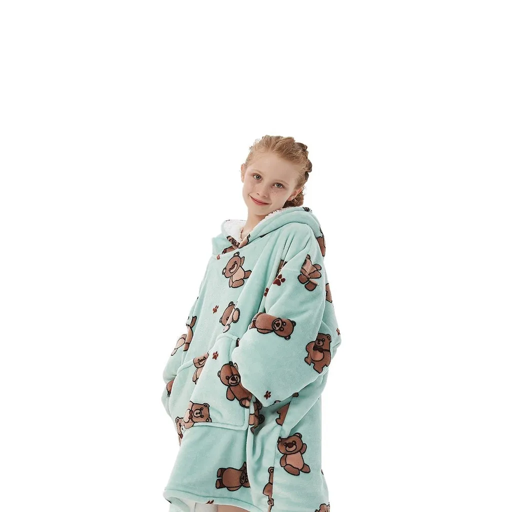 Hoodie Blanket Kids Teddy Bear Green