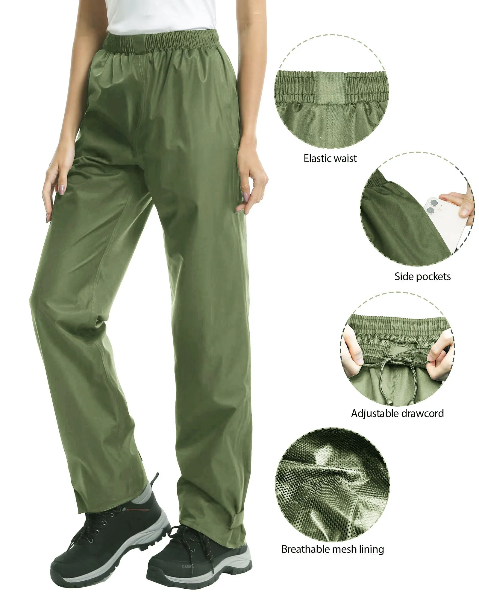 iCreek Women's Rain Pants Waterproof Hiking Pants Windproof Lightweight Over Pants Work Rain Outdoor for Golf, Fishing(Green with Pocket)