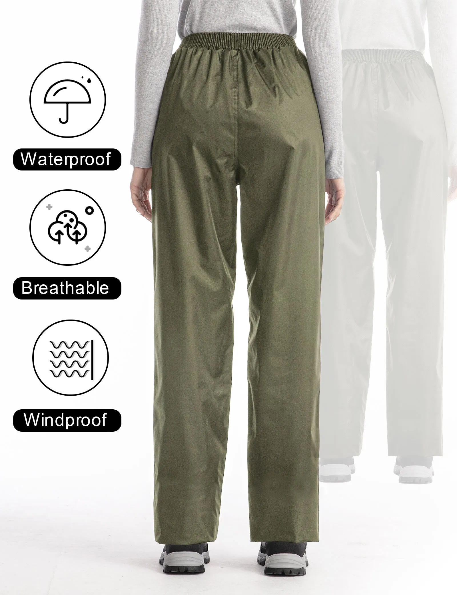 iCreek Women's Rain Pants Waterproof Hiking Pants Windproof Lightweight Over Pants Work Rain Outdoor for Golf, Fishing(Green with Pocket)