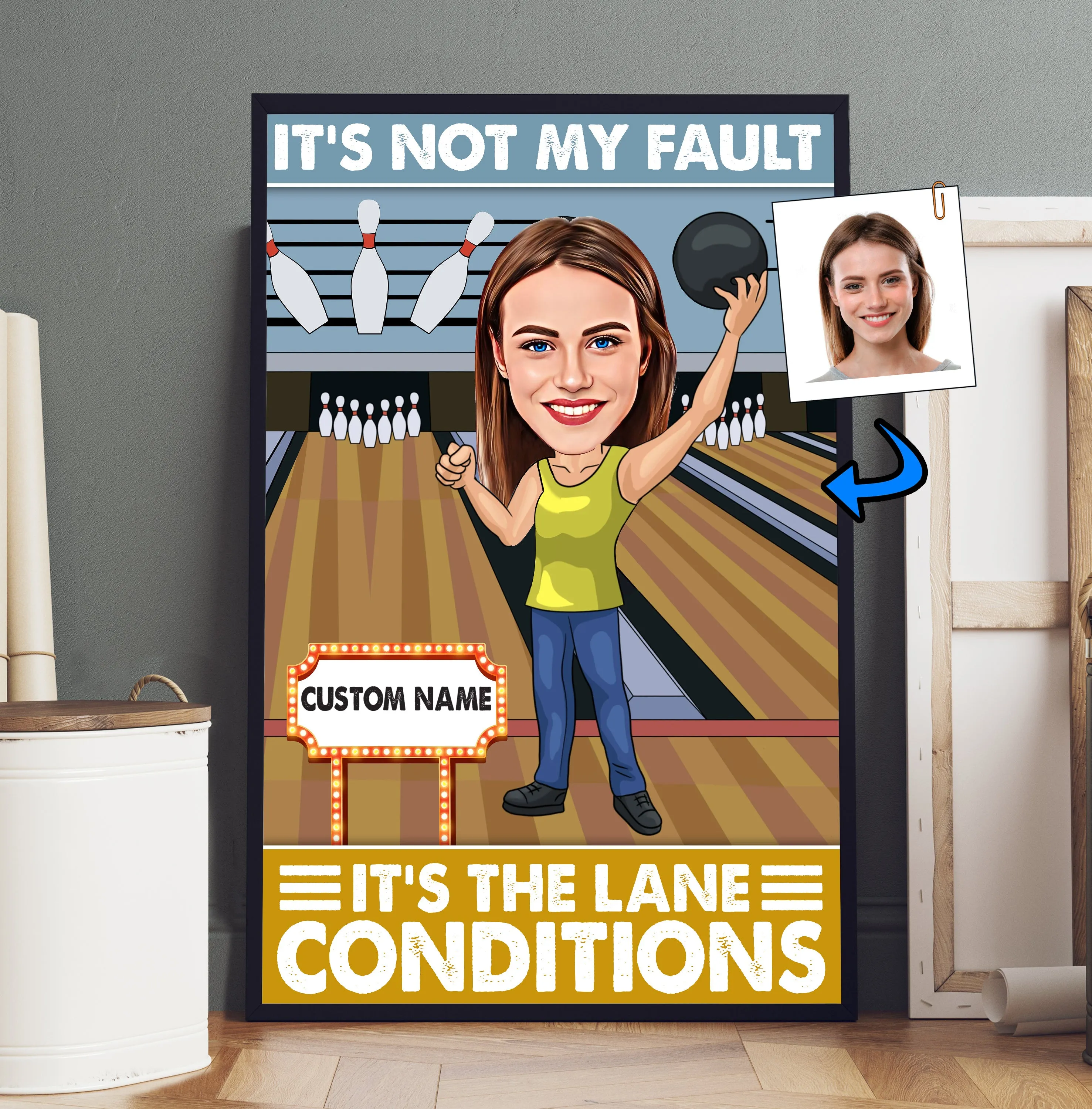 It's Not My Fault It's The Lane Conditions - Bowler Gift - Custom Caricature Portrait From Your Photo - Bowling Coach Gift - Bowling Player Gift