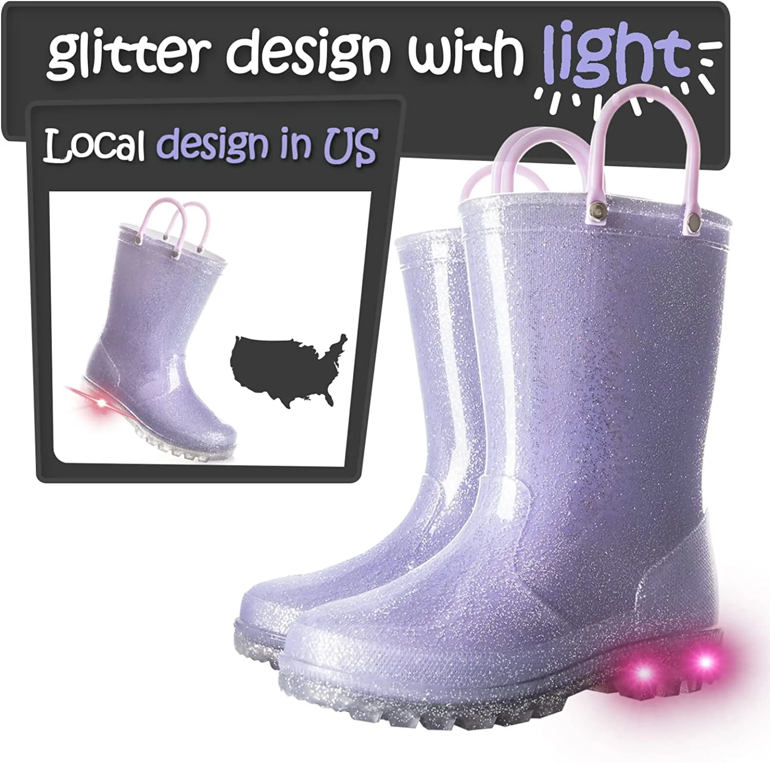 Kids Girls Light Rain Boots Solid Glitter Purple with Led - KKOMFORME