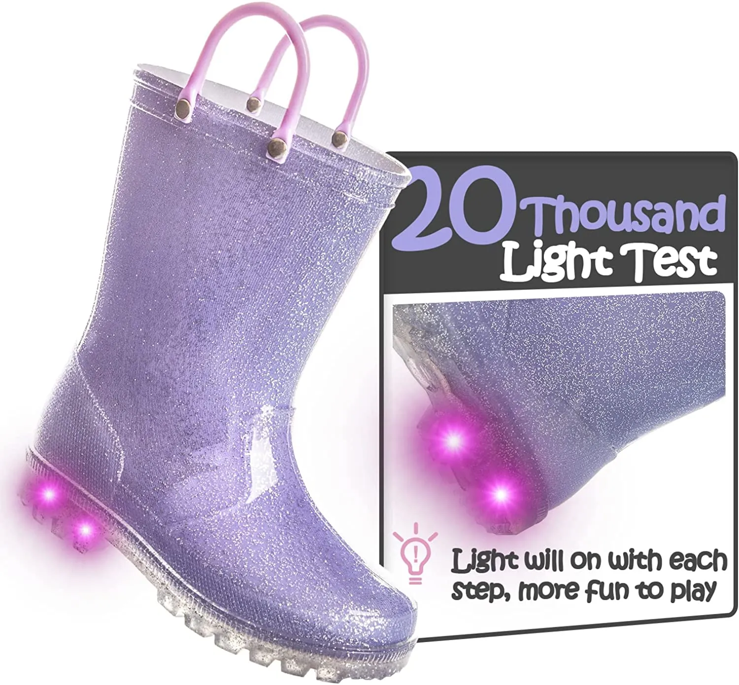 Kids Girls Light Rain Boots Solid Glitter Purple with Led - KKOMFORME