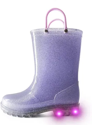 Kids Girls Light Rain Boots Solid Glitter Purple with Led - KKOMFORME