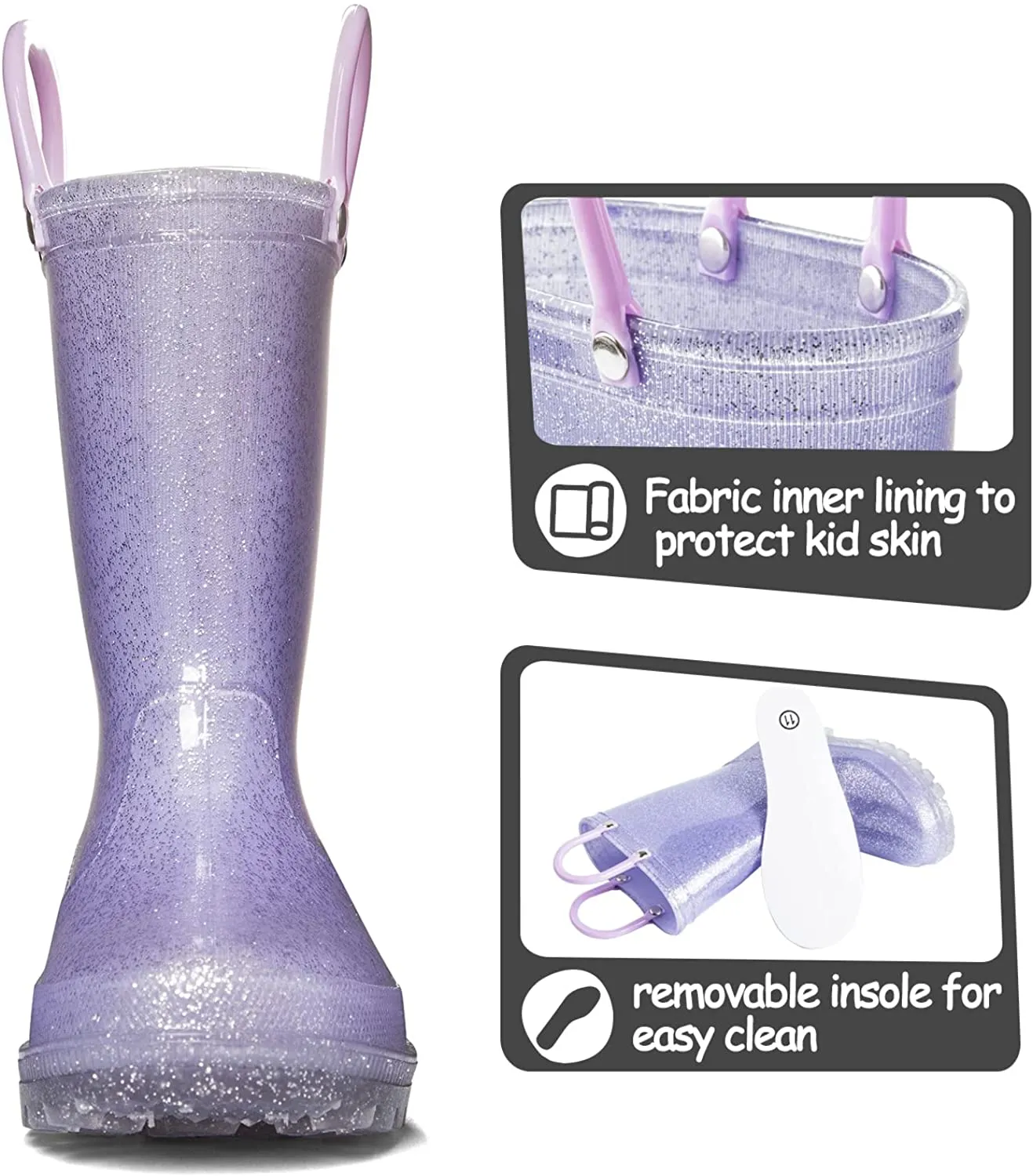 Kids Girls Light Rain Boots Solid Glitter Purple with Led - KKOMFORME
