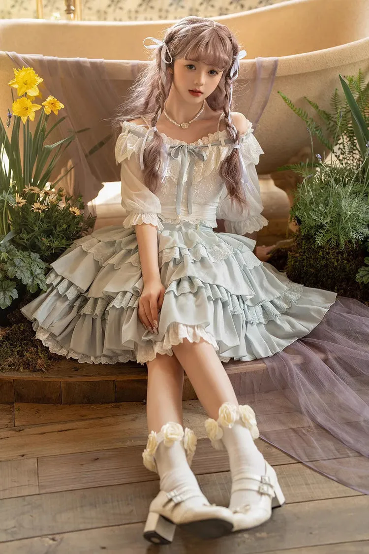 Light Blue Rose Multi-layer Ruffle Princess Sweet Lolita Skirt
