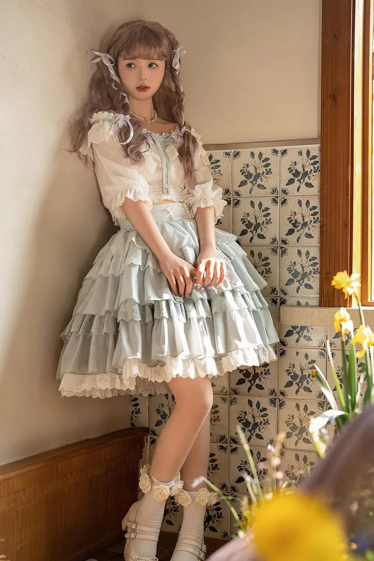 Light Blue Rose Multi-layer Ruffle Princess Sweet Lolita Skirt