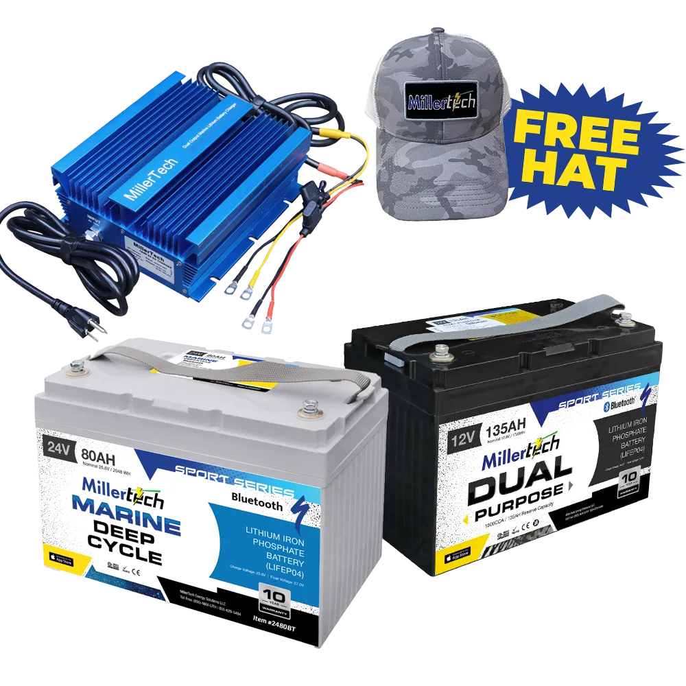 Millertech Warrior Plus Bundle (1) 24V 80ah Trolling and (1) 135ah Cranking Battery w/ Chargers