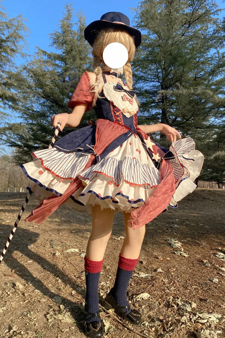 Multi-Color Circus Short Sleeves Multi-layer Print Ruffle Bowknot Sweet Lolita Dress