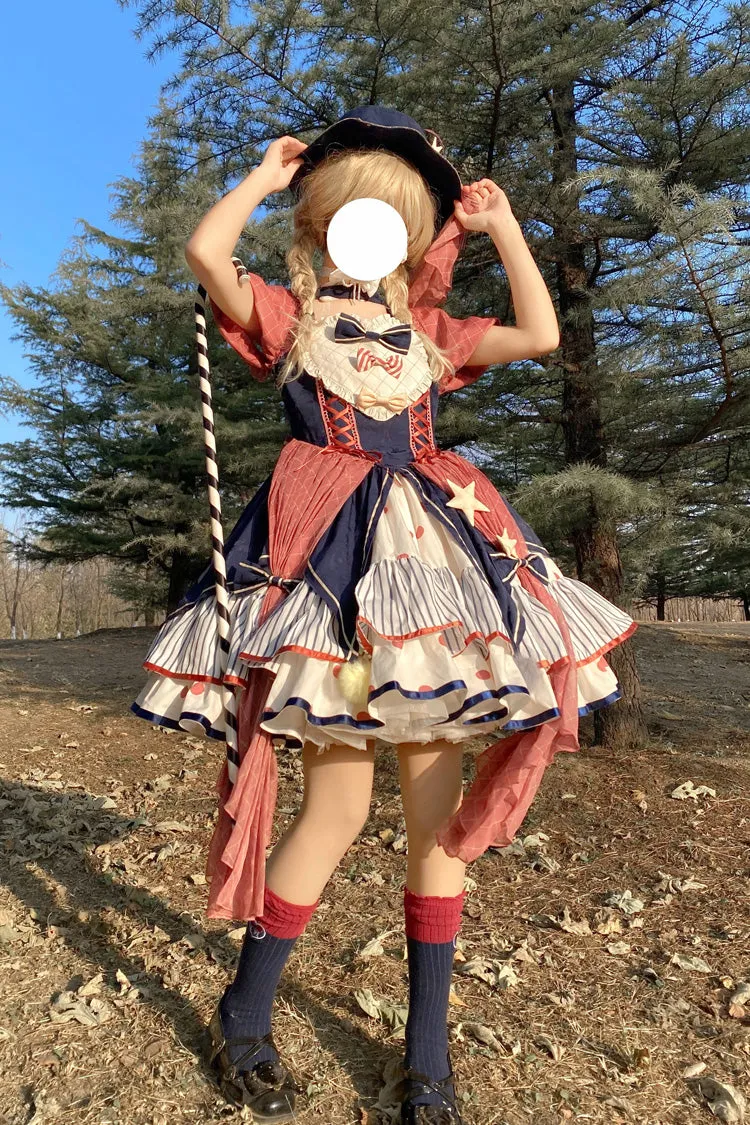 Multi-Color Circus Short Sleeves Multi-layer Print Ruffle Bowknot Sweet Lolita Dress