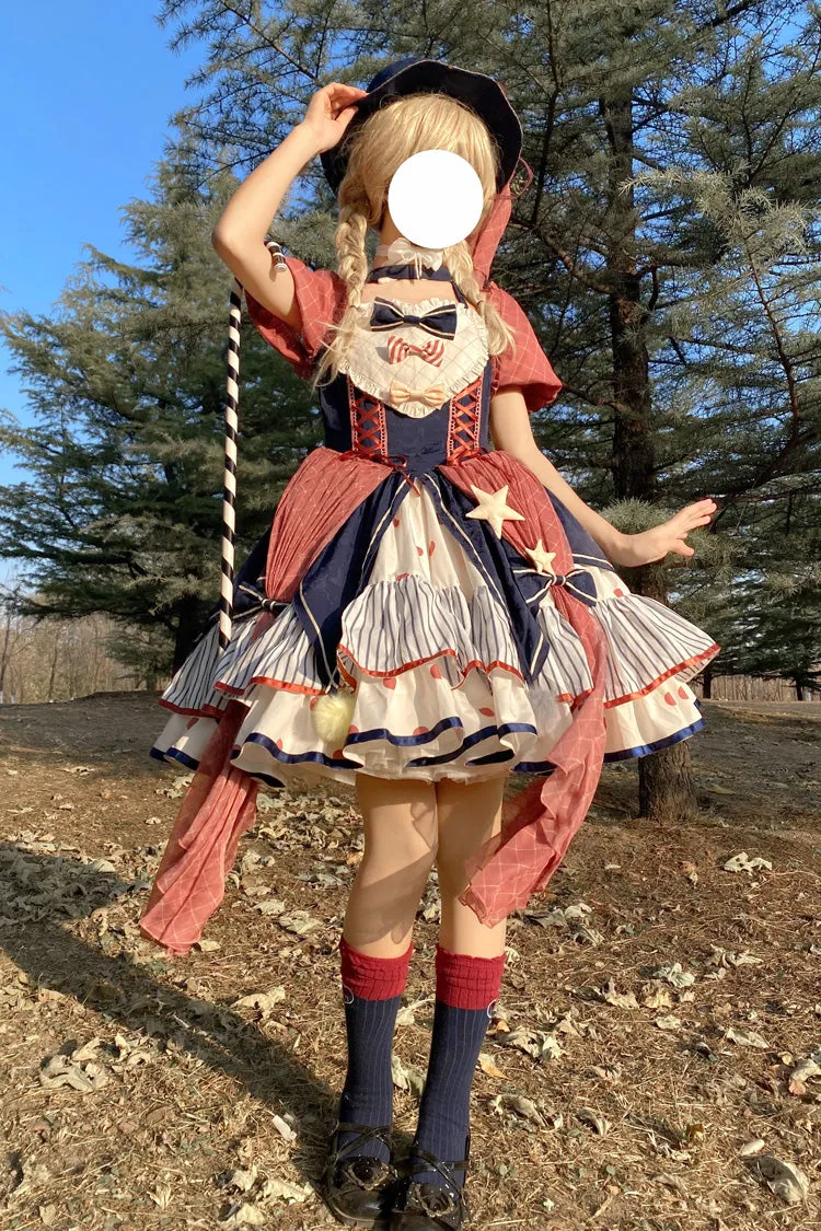 Multi-Color Circus Short Sleeves Multi-layer Print Ruffle Bowknot Sweet Lolita Dress