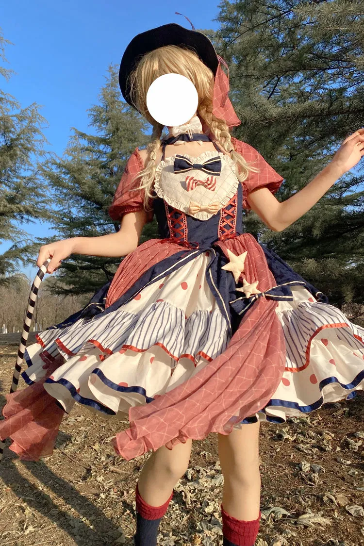 Multi-Color Circus Short Sleeves Multi-layer Print Ruffle Bowknot Sweet Lolita Dress