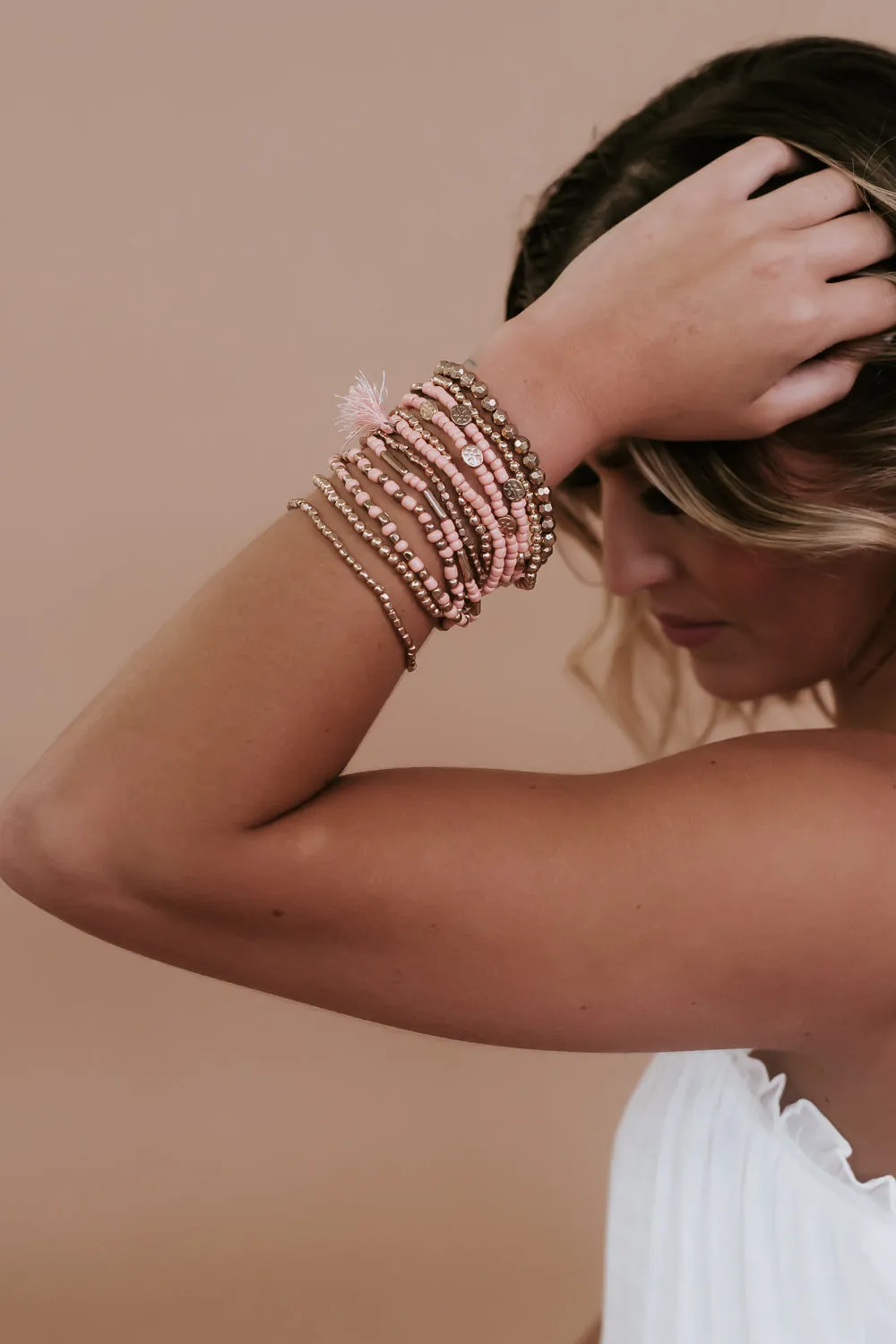 Multi Layer Set of 12 Bracelets, Peach