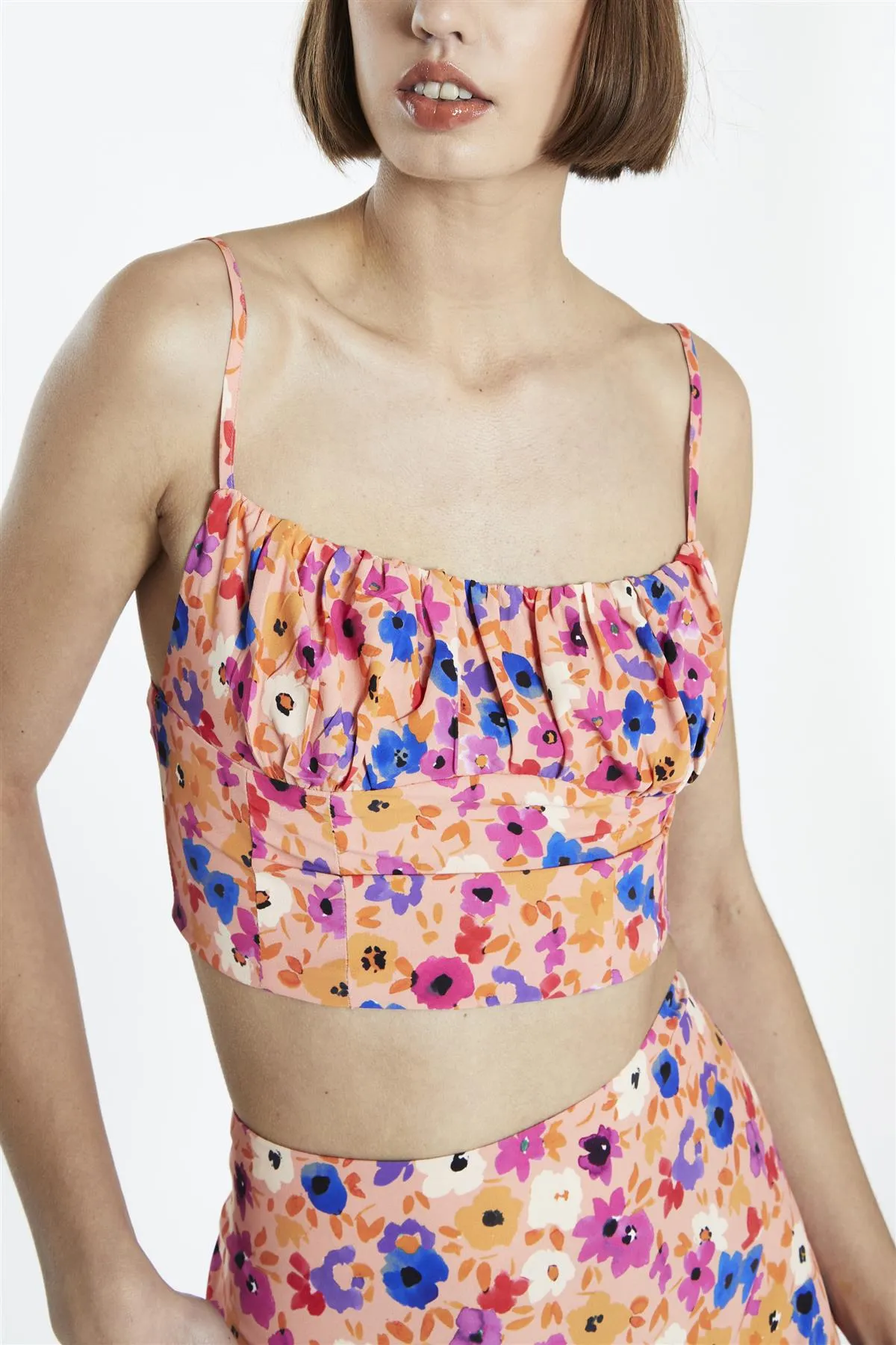 Multi Orange Floral Spaghetti-Strap Crop-Top