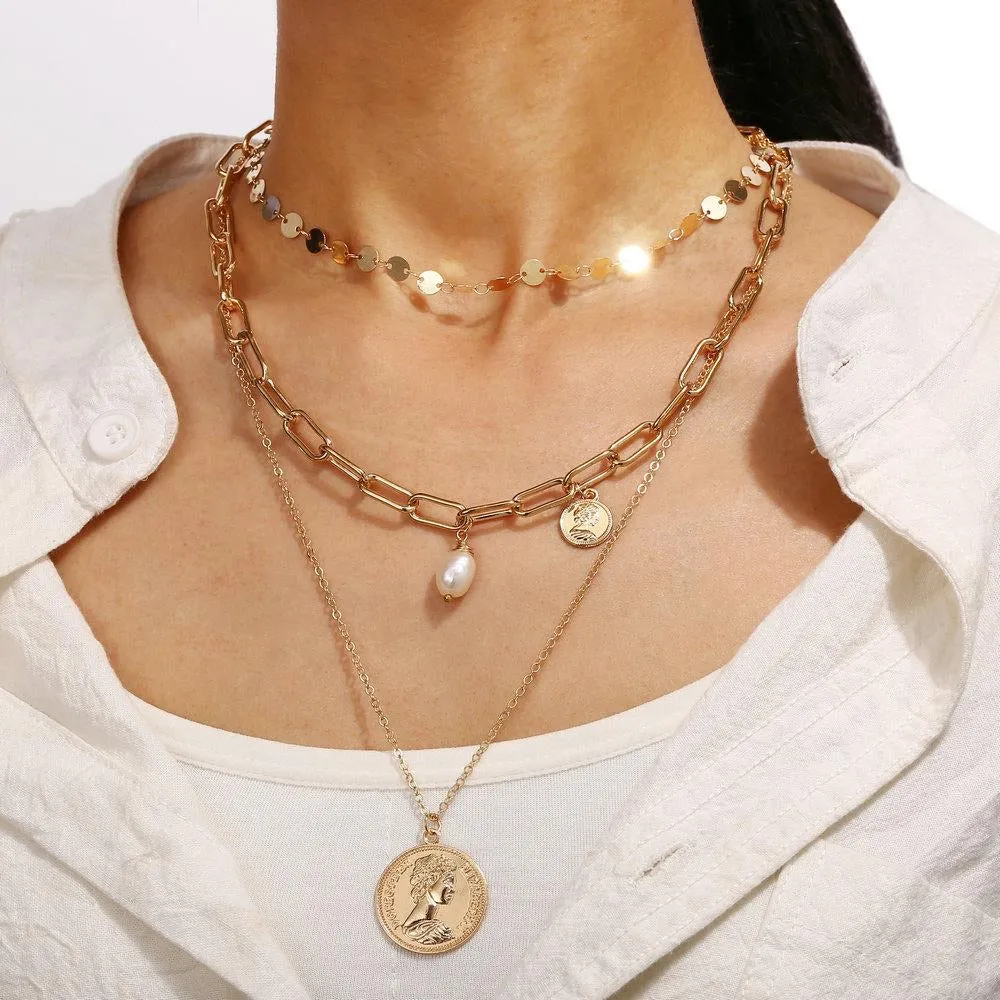 Muted Disc 3 Layer Choker Necklace