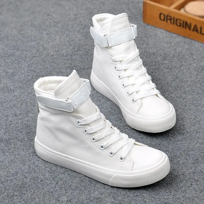 New Fashion High Top Sneakers Canvas Shoes Women Casual Shoes White Flat Female Basket Lace Up Solid Trainers Chaussure Femme