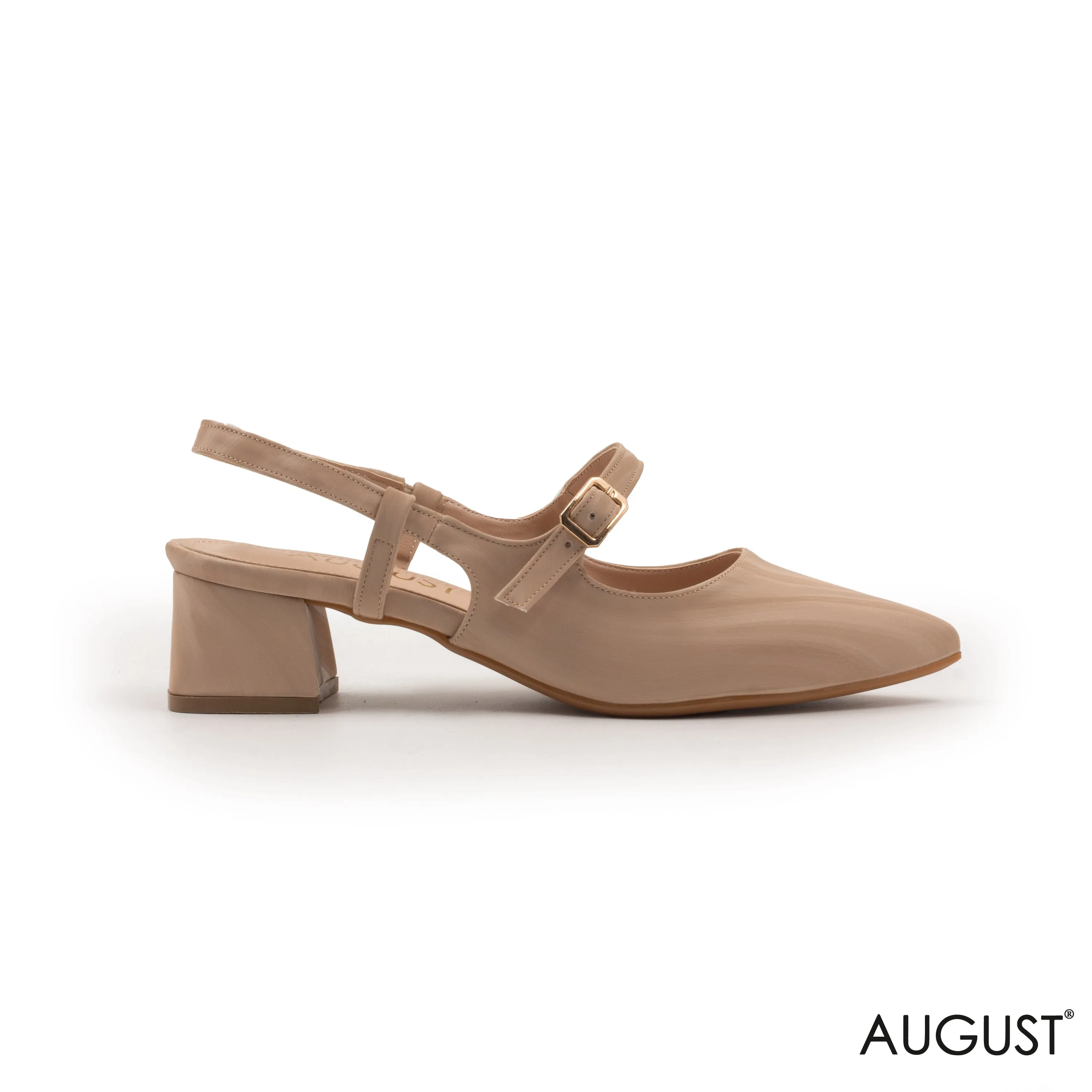 NUDE LEATHER ,BLOCK HEEL PUMP WITH BUCKEL