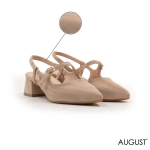 NUDE LEATHER ,BLOCK HEEL PUMP WITH BUCKEL
