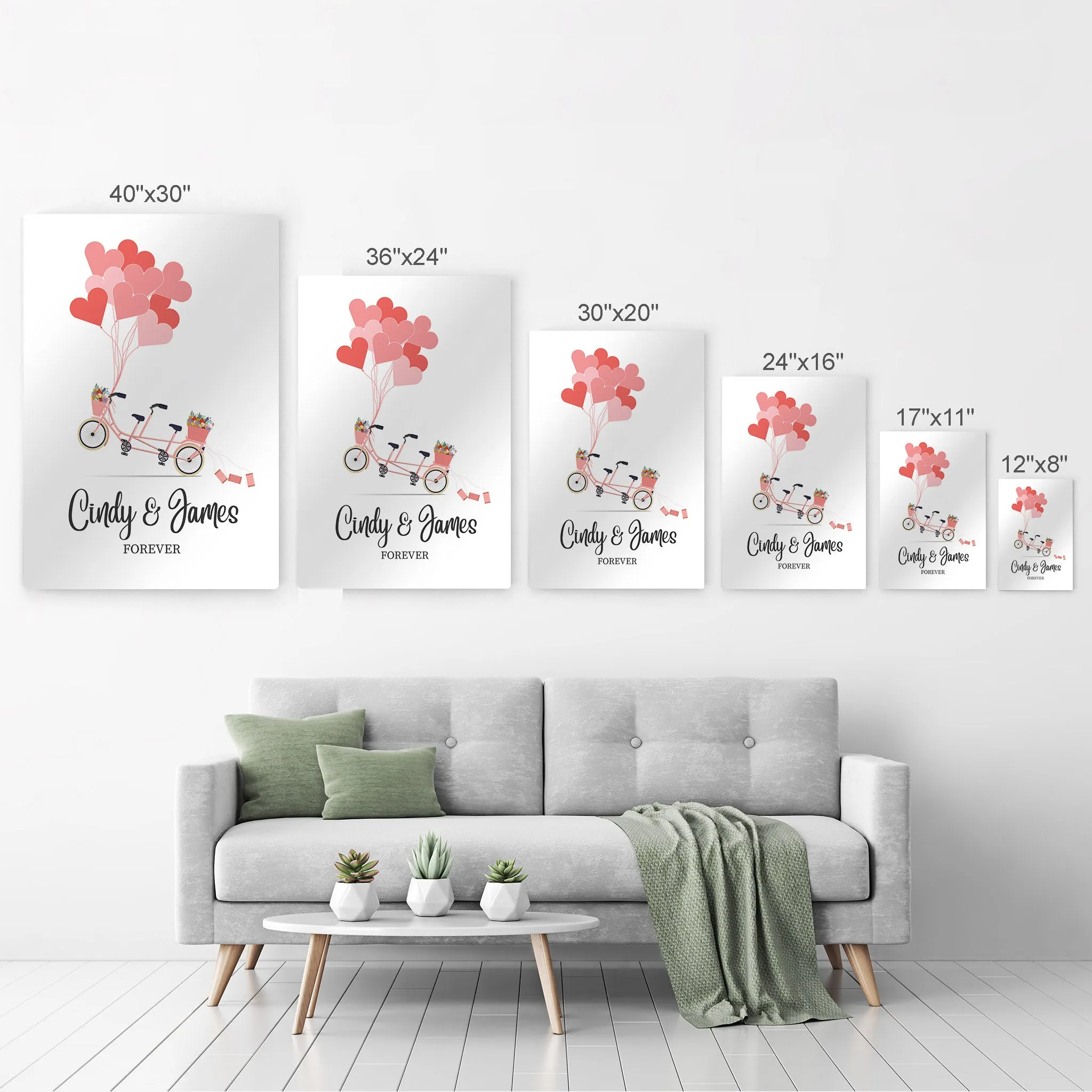 Personalized Gift Wall Art with Couple Names Pink Bicycle and Love Baloons Forever Design