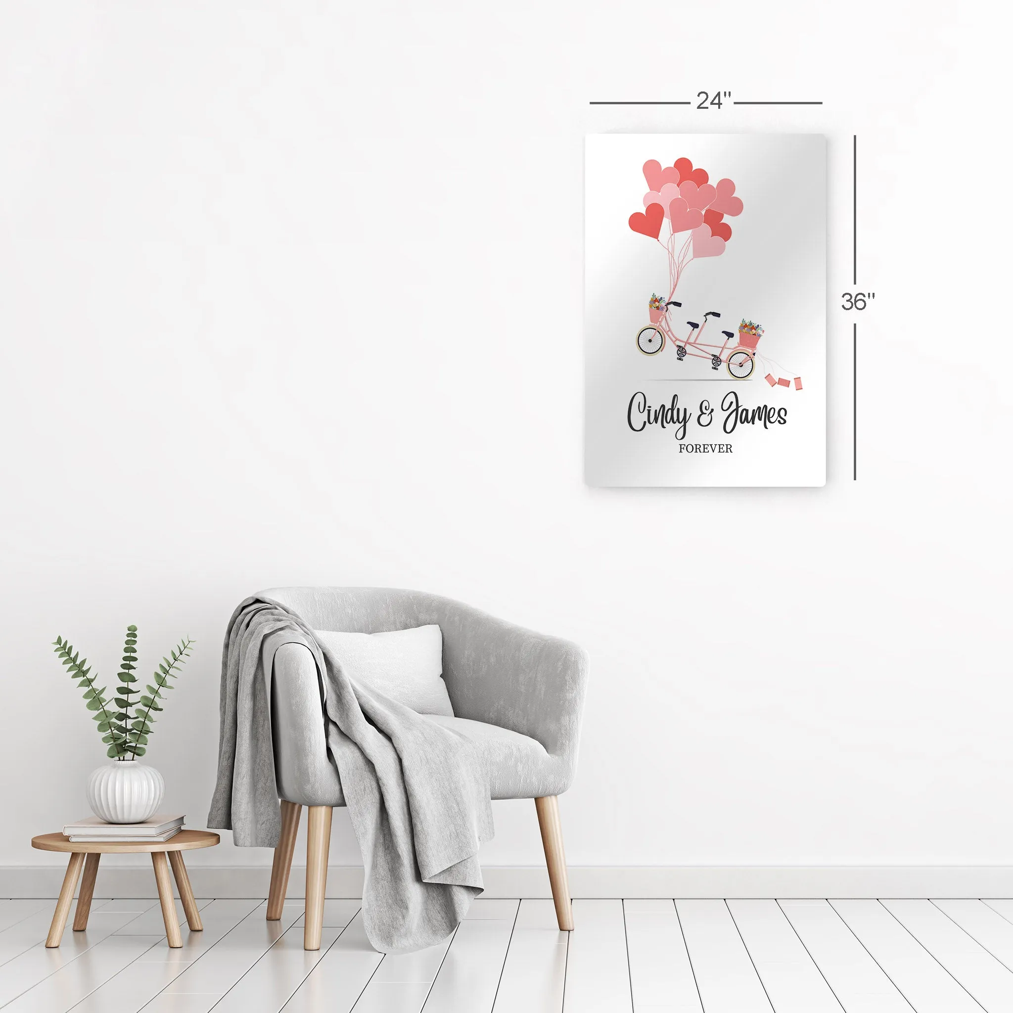 Personalized Gift Wall Art with Couple Names Pink Bicycle and Love Baloons Forever Design