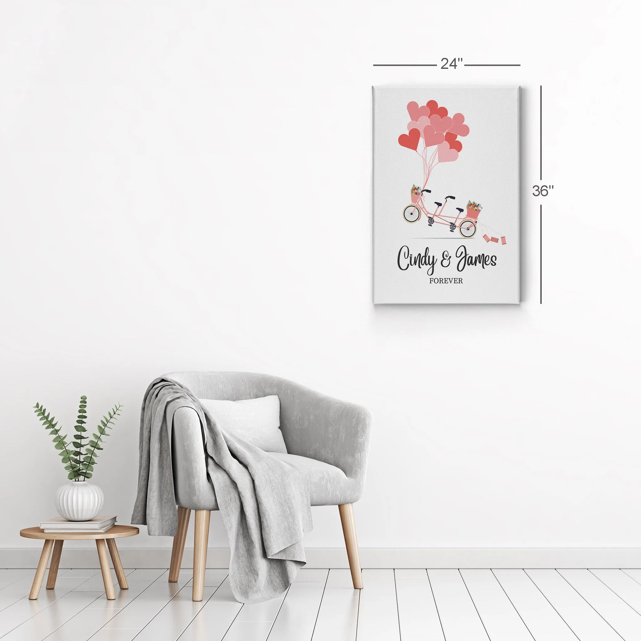 Personalized Gift Wall Art with Couple Names Pink Bicycle and Love Baloons Forever Design