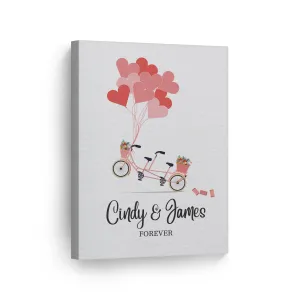 Personalized Gift Wall Art with Couple Names Pink Bicycle and Love Baloons Forever Design