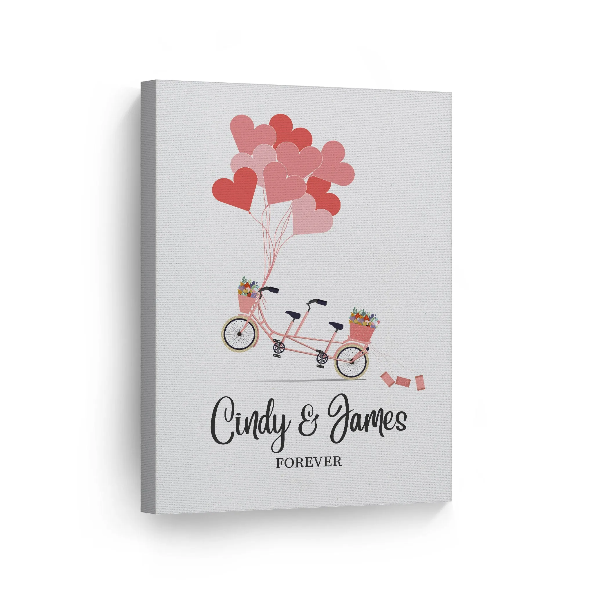 Personalized Gift Wall Art with Couple Names Pink Bicycle and Love Baloons Forever Design