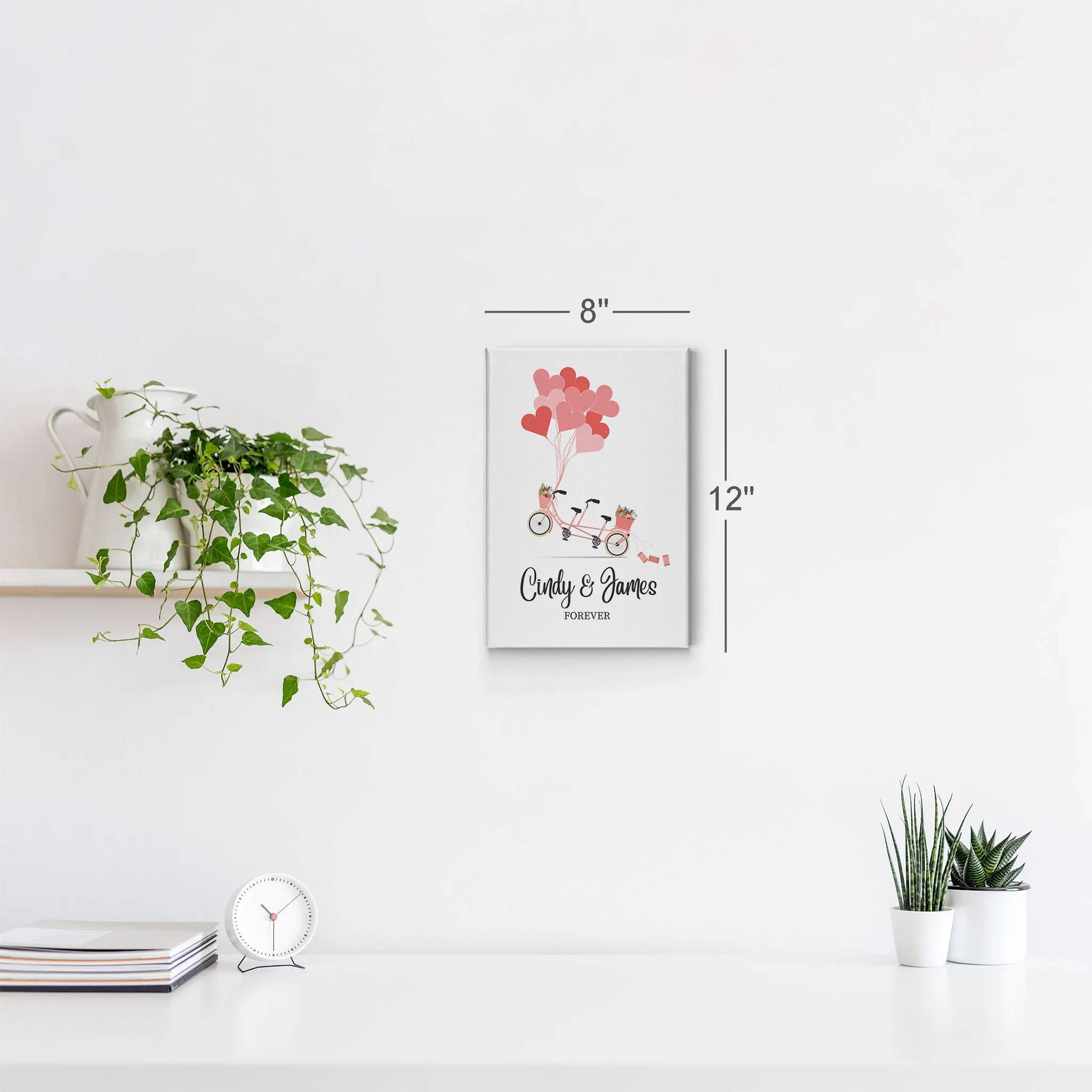 Personalized Gift Wall Art with Couple Names Pink Bicycle and Love Baloons Forever Design
